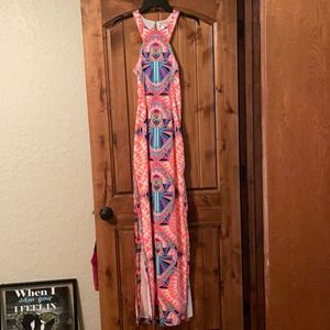 Mara Hoffman aztec neon maxi double slit dress open back